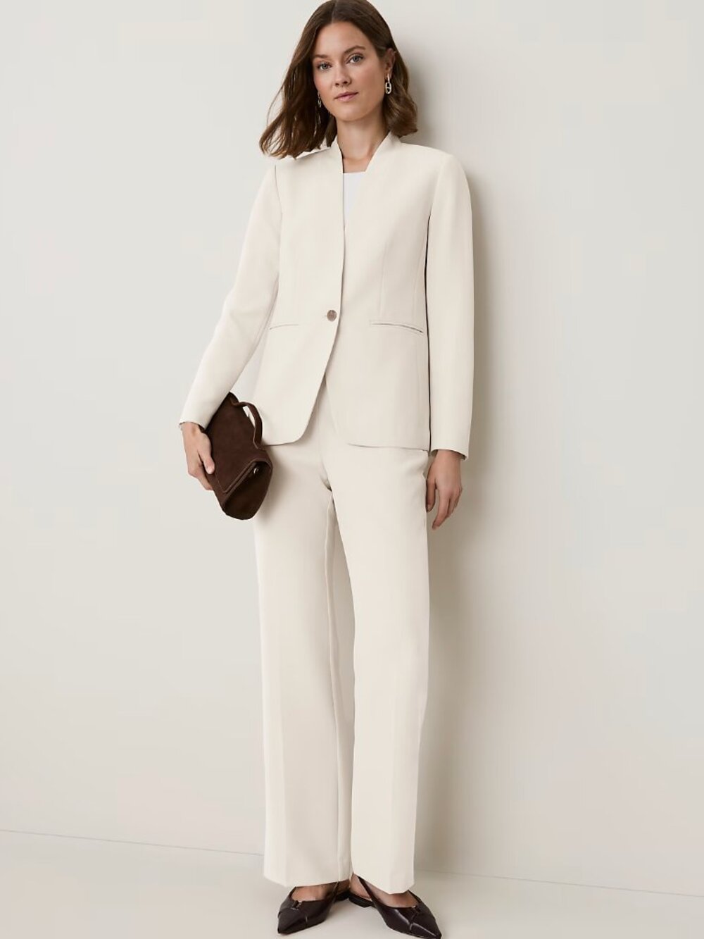 Ann Taylor The Long Collarless Blazer in Fluid Crepe Ivory 4